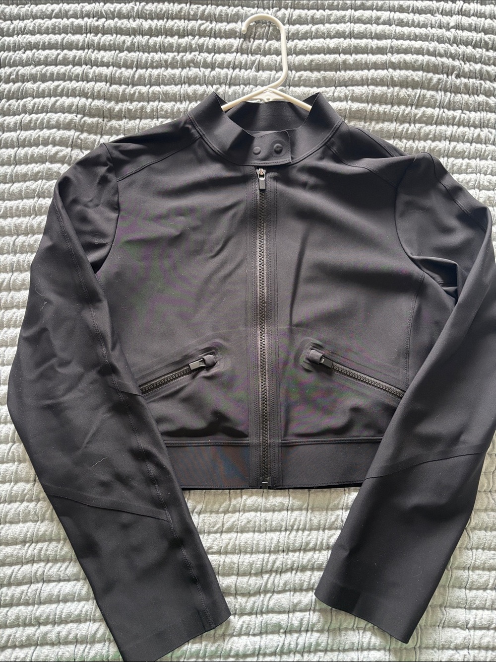 Athleta Black Cropped Zip-Front Leather Jacket